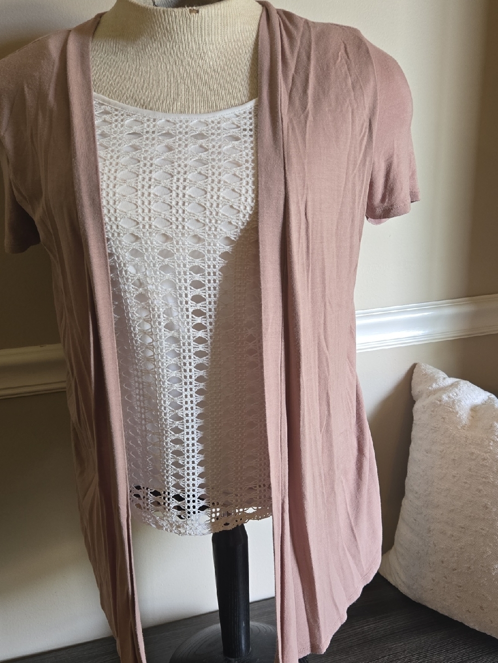 Soft open front muted, Cream And Tan cartigan with attached cream top.